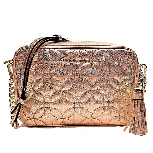Michael Kors Handbags - Michael Kors Metallic Rose Gold Floral Quilted Medium Crossbody Camera Bag NEW